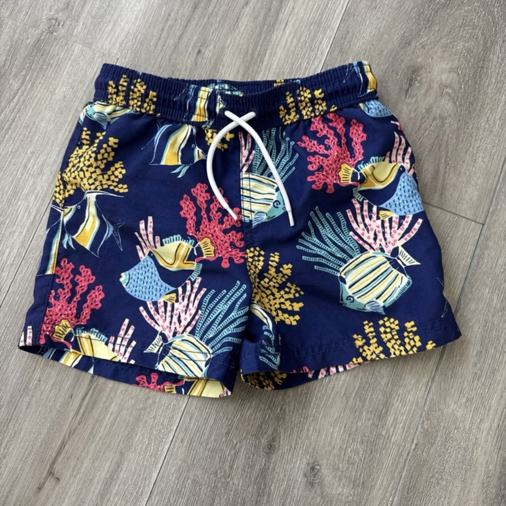 Janie and Jack Boys Size 4 Draw-Tie Navy Under the Sea Print Swim Trunks EC